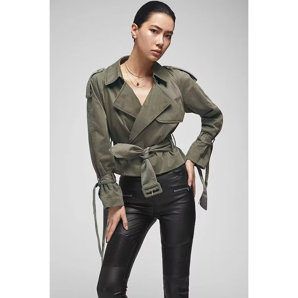 ANINE BING Aria Cropped Belted Trench Jacket Military Green XS S